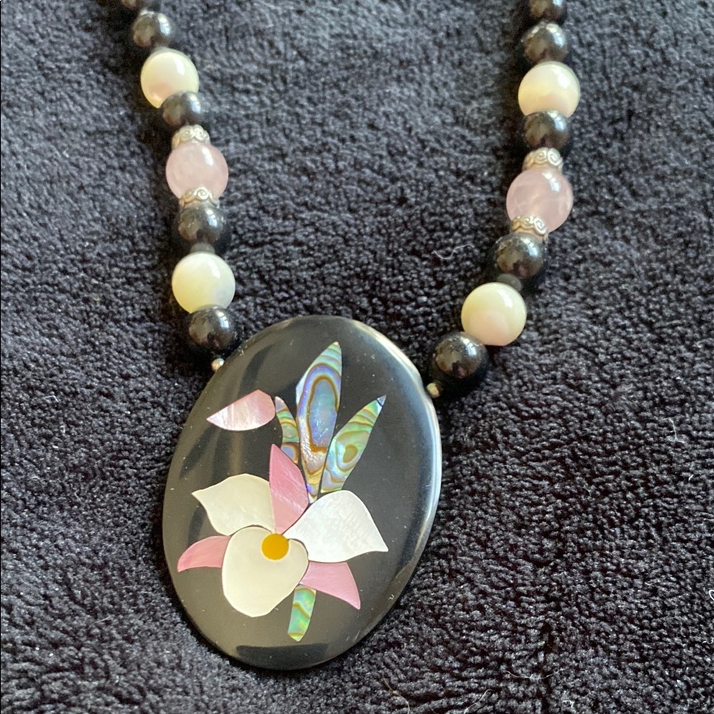 Lee Sands - Black and Pink Floral Necklace with Beaded Design